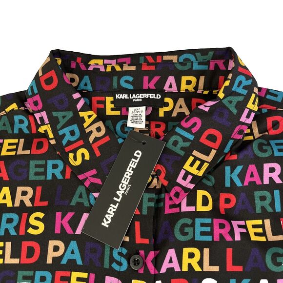 New Women’s Karl Lagerfeld AOP Spellout Short Sleeve Blouse Top Plus Size 2X NWT - Picture 2 of 7